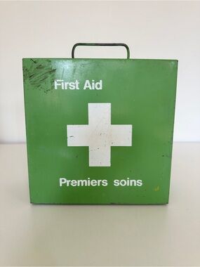 Vintage Green Metal First Aid Kit Industrial Storage Container MCM 60s 70s
